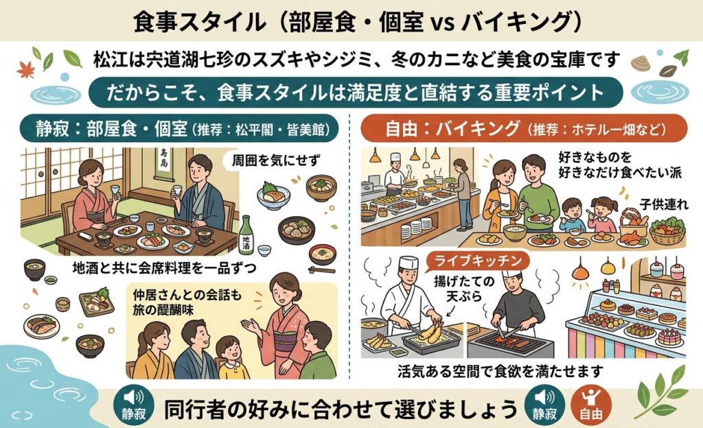 食事スタイル（部屋食・個室 vs バイキング）