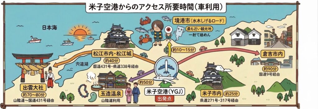 米子空港主要観光地アクセス時間