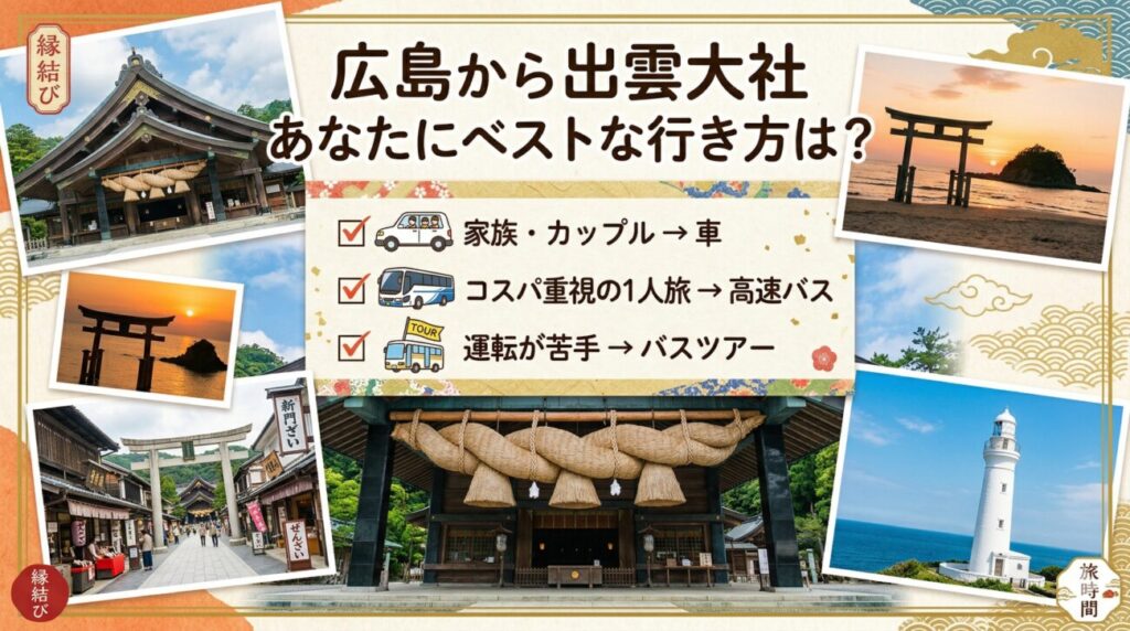 広島から出雲大社へのアクセス全手段を比較｜車なら2時間20分・バス・電車・ツアーの料金と所要時間まとめ